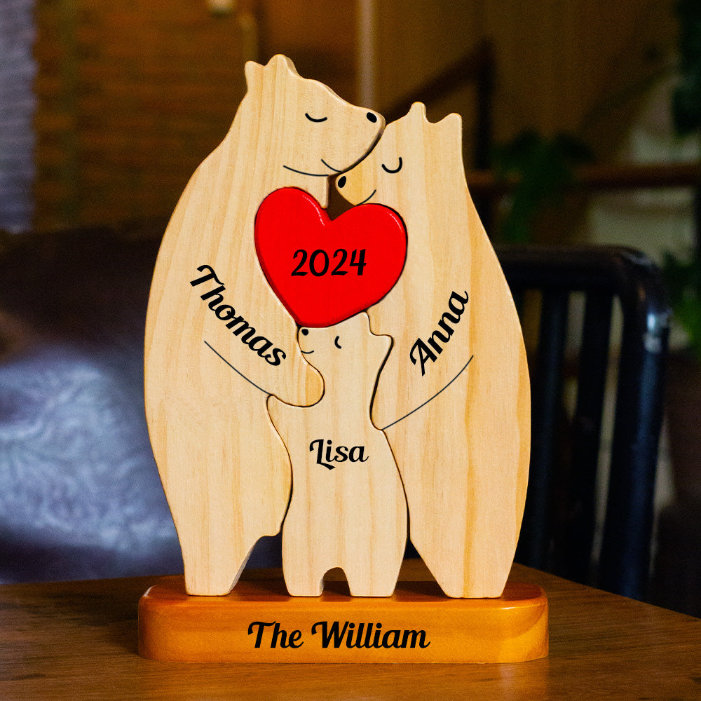 Family Connected By Hearts - Puzzle Wooden Bears Family - Wooden Pet Carvings